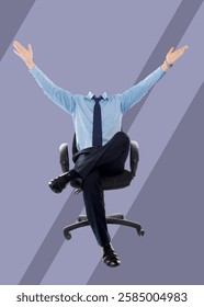 Headless businessman is sitting on an office chair with his arms raised, celebrating a recent success. Hand drawn Illustration