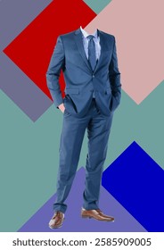 Headless businessman standing with hands in pockets, wearing blue suit and tie, on colorful geometric background. Hand drawn Illustration 