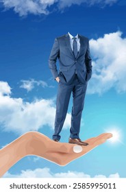 Headless businessman in suit standing on a giant hand against blue sky background  representing career support and success. Hand drawn Illustration