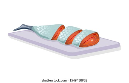 Headless cutted atlantic salmon, coho silver, sockeye red, pink humpy, chum dog or chinook king is on cutting board. Salted raw or smoked fish. Sushi preparation process. Cartoon vector on white.