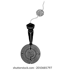 Headless female figurine of Cycladic idol with yarn ball as her head and a round spiral maze or labyrinth symbol. Ariadne's thread. Ancient Greek mythology. Black and white silhouette.