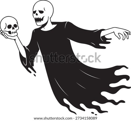 Headless ghostly figure holding skull in hand, flowing halloween spirit with torn dres. Vector Black silhouettes. with white background
