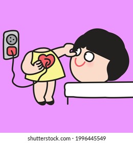 Headless Girl is Charging Up Her Heart And Place Her Head On Bed Concept Card Character illustration