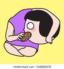 Headless Girl Feeding Chocolate Donut To Her Own Head While Sitting On Floor Concept Card Character illustration