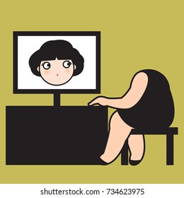 Headless Girl Working On Desk And Showing Her Face Or Head On The Computer Instead Concept Card Character illustration