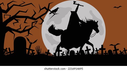 Headless horseman with an axe in his hand on a cemetery background