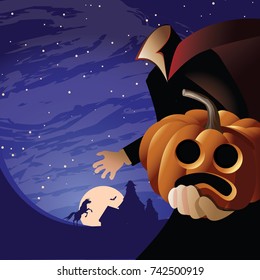 Headless Horseman background with rearing horse, creepy house and copy space. EPS 10 vector.