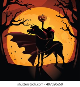 Headless Horseman. The horseman rides against the big orange full moon. EPS 10 vector.