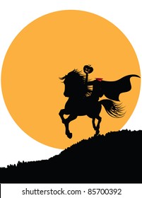 Headless Horseman The horseman rides against the big orange full moon. With space for your message. EPS 8 vector grouped for easy editing.