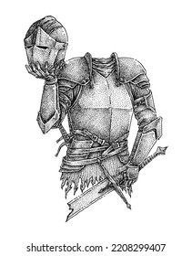 Headless Knight Holding His Head On The Right Hand And Broken Sword On The Left Hand  Hand Drawn Illustration 