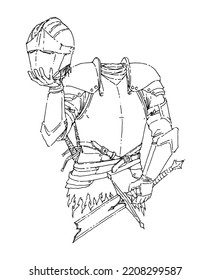 Headless Knight Holding His Head On The Right Hand And Broken Sword On The Left Hand, Hand Drawn Illustration 