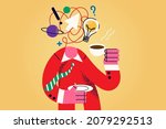 Headless man drink coffee in morning generate ideas in head. Male enjoy refreshing hot drink brainstorm develop business strategies or plans. Routine, habit concept. Flat vector illustration. 