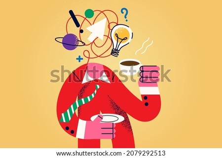 Headless man drink coffee in morning generate ideas in head. Male enjoy refreshing hot drink brainstorm develop business strategies or plans. Routine, habit concept. Flat vector illustration. 
