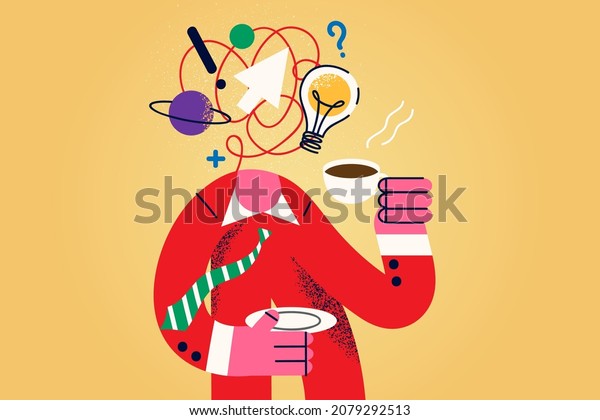 Headless man drink coffee in morning generate ideas in\
head. Male enjoy refreshing hot drink brainstorm develop business\
strategies or plans. Routine, habit concept. Flat vector\
illustration. 