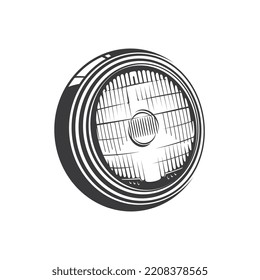 Headlight of car isolated monochrome icon. Vector automobile headlamp, lamp attached to front of vehicle to illuminate road ahead. Powerful light at front of or railroad engine, led lamp