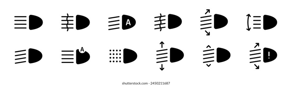 Headlight, light indicator dashboard icon collection. Car light symbol set. Vector solid, filled icons