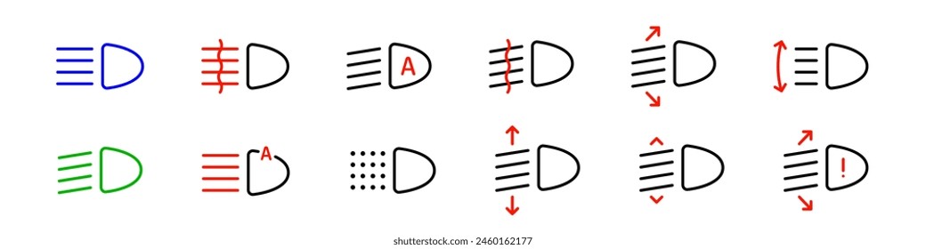 Headlight, light indicator dashboard icon collection. Car light symbol set. Vector solid, filled icons