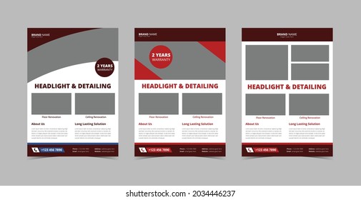 Headlight restoration flyer design bundle. Headlight repair service poster leaflet bundle. Flyer design 3 in 1 template bundle