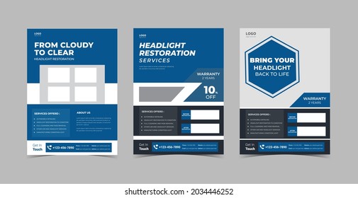 Headlight restoration flyer design bundle. Headlight repair service poster leaflet bundle. Flyer design 3 in 1 template bundle