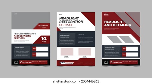 Headlight restoration flyer design bundle. Headlight repair service poster leaflet bundle. Flyer design 3 in 1 template bundle