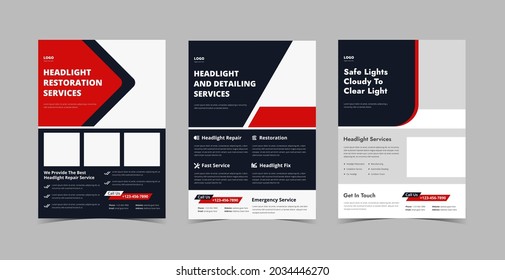 Headlight restoration flyer design bundle. Headlight repair service poster leaflet bundle. Flyer design 3 in 1 template bundle