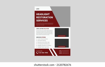 Headlight Restoration Flyer Template Design. Headlight Repair Service Poster Leaflet Design. Cover, A4 Size, Flyer, Print Ready