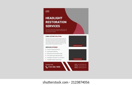 Headlight restoration flyer template design. Headlight repair service poster leaflet design. cover, a4 size, flyer, print ready