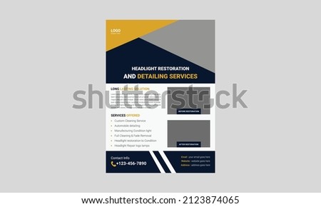 Headlight restoration flyer template design. Headlight repair service poster leaflet design. cover, a4 size, flyer, print ready