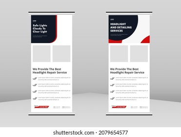 
Headlight restorationy Roll up Banner Design, Headlight repair service Roll up leaflet template. Headlight service flyer poster DL Flyer, Trend Business Roll Up Banner Design