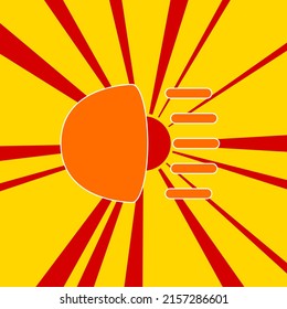 Headlight symbol on a background of red flash explosion radial lines. The large orange symbol is located in the center of the sun, symbolizing the sunrise. Vector illustration on yellow background