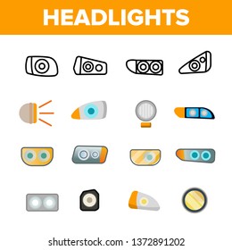 Headlights, Auto Headlamps Linear Vector Icons Set. Headlamps Thin Line Contour Symbols. Automobile Lighting Pictograms Collection. Front Autolamps Flat Cliparts. Car Spotlights Outline Illustrations