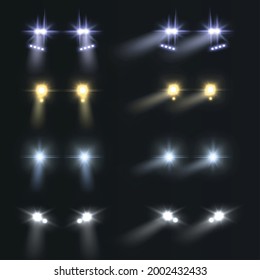 Headlights car. Realistic round bright vehicle front lamps. Light flares and blur shadows effect. Automobile glow beams in night. Driving transport in dark. Vector auto spotlight set