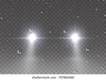 Headlights effect with rain drops on window glass surface. Realistic white glow car headlights and water droplets isolated on transparent background. Vector bright transport lights for your design.