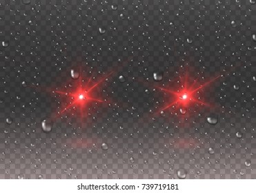 Headlights effect with rain drops on window glass surface. Realistic red glow car beams and water droplets isolated on transparent background. Vector bright transport lights for your design.