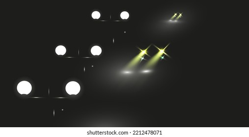 Headlights at night. The rays illuminate the road. Bright light. Night road. The car drives along the highway at night. Visibility