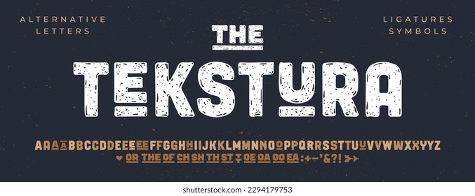 Überschrift, Schriftart. Fett gealterte, grobe, fette Großbuchstaben mit Grunge-Textur. Kreativ handgezeichnete Schriftart, Alphabet, Design, Poster. Grunge Kratzer Alphabet, Schrift. Vektorgrafik