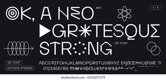 Headline alphabet and font. Neo grotesque sans serif font with graphic elements, sign, symbol, alternative letters. Classic creative new grotesk font, design, typographic, poster. Vector Illustration