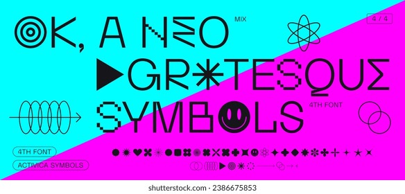 Alfabeto de titular Neo grotesco sans serif alfabeto con elementos gráficos, signo, símbolo, letras alternativas. Clásico nuevo y creativo alfabeto grotesco para el diseño, tipográfico, afiche. Ilustración vectorial