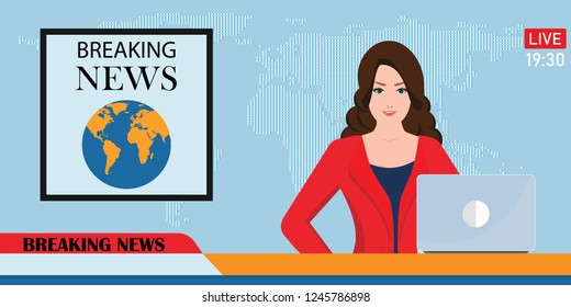 Headline or breaking news woman tv reporter presenter sitting in a studio, in flat style Vector illustration. 