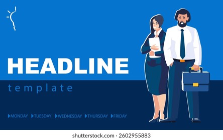 Headline. Businessman with briefcase and secretary analyze financial market, business, people. Investor money, investment growth financing. Blue, design, presentation banner. Vector illustration