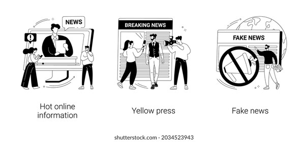 Headline content abstract concept vector illustration set. Hot online information, yellow press, fake news, breaking, paparazzi media, online magazine, celebrity scandal, rumors abstract metaphor.