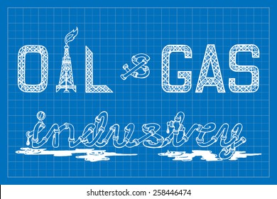 Headline designs for various presentations on oil and gas industry topics. EPS10 vector illustration imitating blueprint style scribbling with white marker.