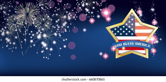 Headline with golden star, us-flag and text God Bless America. Eps 10 vector file.