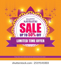 Headline Happy Navratri Main Offer SALE in large pink letters Subheadline UP TO 50percentage OFF Tagline LIMITED TIME OFFER  A yellow background with a circular frame Diyas are hanging around circle