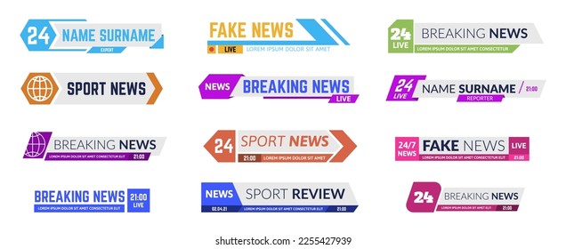 Headline information media screen frames. Breaking news tv bars for broadcasting. Sport program or live show banners for television. Templates for expert name and surname vector set