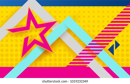 Headline presentation abstract yellow star. Vector abstract background texture design with a star, banner yellow background, pink and blue stripes and shapes. Hipster modern geometric abstract. 