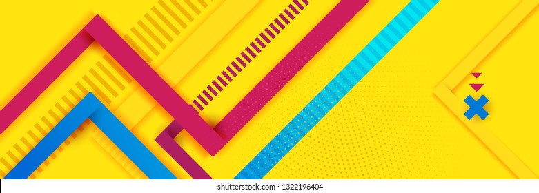 Headline presentation abstract yellow. Vector abstract background texture design, bright poster, banner yellow background, pink and blue stripes and shapes. Hipster modern geometric abstract. 