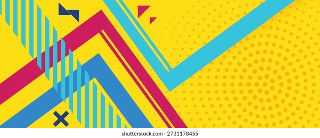 Presentación de titular abstracto amarillo. Diseño de textura de fondo abstracto de Vector, póster brillante, fondo amarillo Anuncio, rayas y Formas rosas y azules. Hipster moderno abstracto geométrico. 