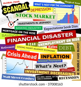 Headlines of the bad business economy and economic disaster cutouts in various fonts and colors. There are also some charts and graphs with the crash.