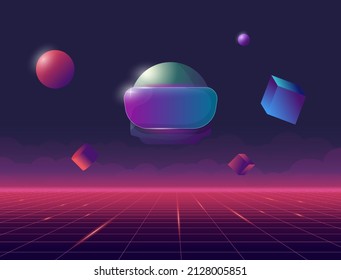 Head-mounted VR helmet in virtual reality plane. Digital metaverse reality, abstract geometrical shapes, lines and headset with glowing VR. Glass cyber device. Futuristic technology background.